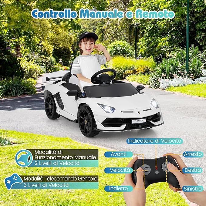 12V Lamborghini Macchina Elettrica per Bambini, Veicolo Elettrico con Telecomando Sospensione a Molla Luci LED MP3, 3-5 km/h, per Bambini 3 Anni+ (Bianco)
