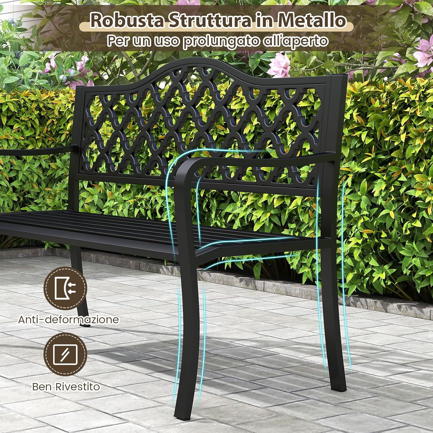 Panchina da Esterno in Metallo 128 x 54 x 89 cm per 2-3 Persone, Panca da Giardino con Doghe e Braccioli Curvati per Piscina e Veranda, Nero