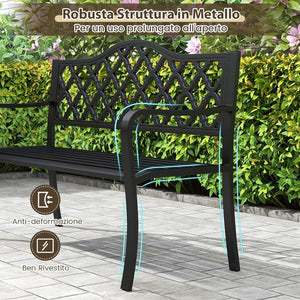 Panchina da Esterno in Metallo 128 x 54 x 89 cm per 2-3 Persone, Panca da Giardino con Doghe e Braccioli Curvati per Piscina e Veranda, Nero