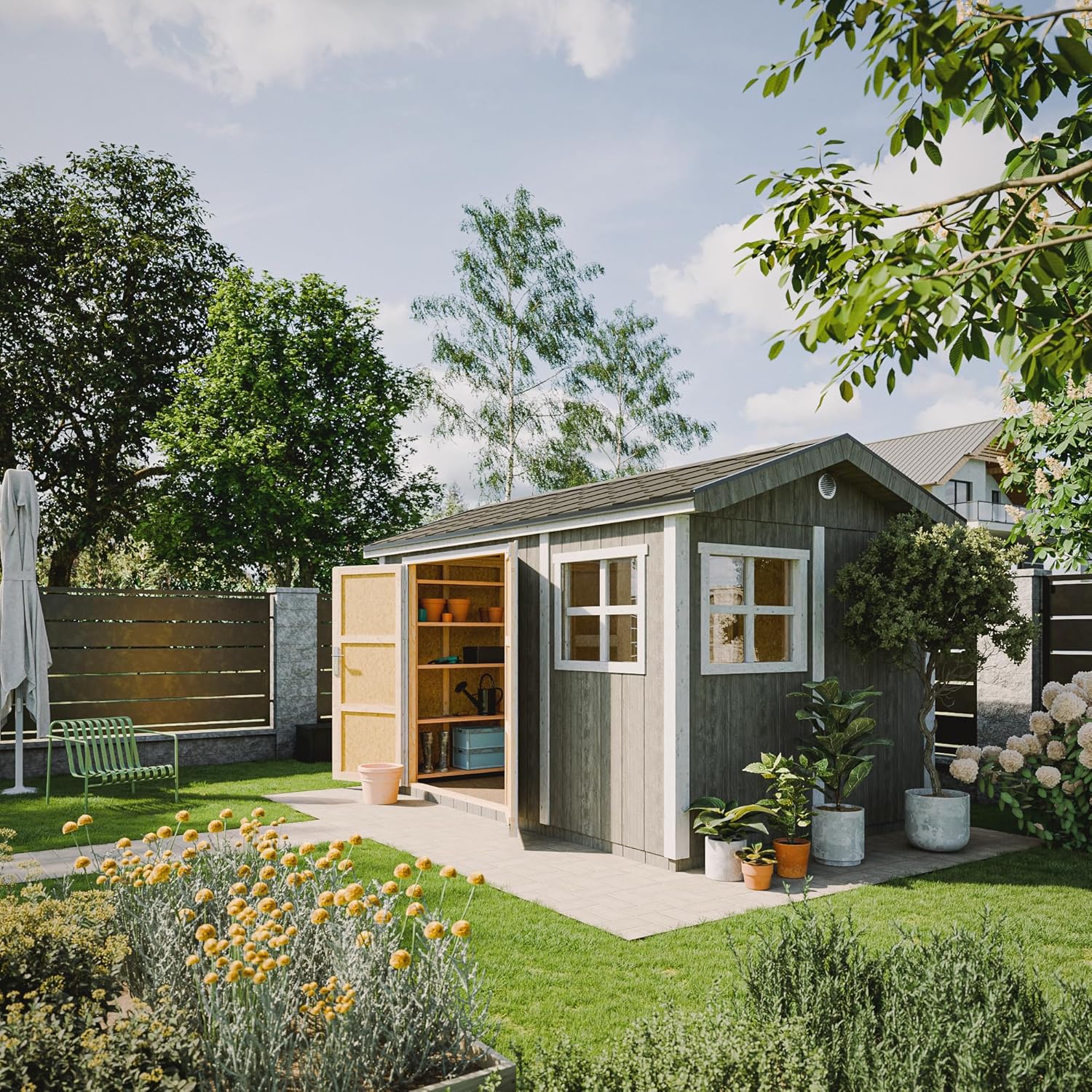 Casetta da giardino di qualit? premium 8,68 m² - H252x250x412 cm - Timbela M914A-TUNDRA GREY