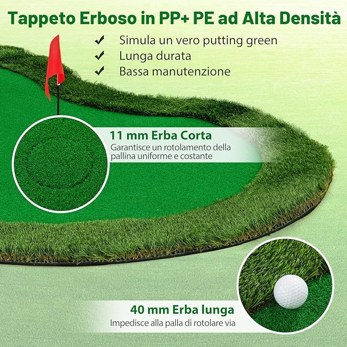 Putting Green, Tappetino da Interno per Putting con 3 Buchi e Palline da Golf, Tappetino da Golf per Casa, Ufficio, Giardino e Patio, 300 cm x 150 cm