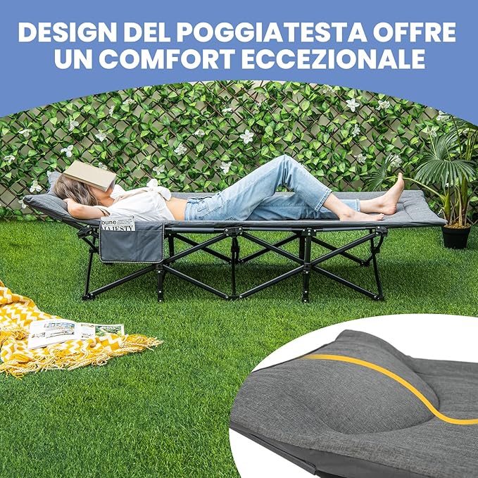 Brandina da Campeggio, Letto da Campeggio con Cuscino e Poggiatesta, Tappetino a Doppio Strato, Brandina da Campeggio Portatile per Ufficio, Casa, Carico Fino a 204 kg(grigio)