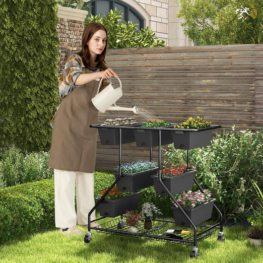 Letto da Giardino Verticale Sollevato con 7 Vasi, Cestini di Stoccaggio, Fori di Drenaggio e 4 Ruote Bloccabili, Scaffale Portafiori da Esterno ed Interno, Piantatore Elevato a 3 Livelli per O