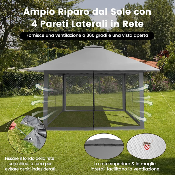 Gazebo Pieghevole da Giardino 4 x 4 m, Altezza Regolabile, Gazebo Pop-up con Zanzariera, Borsa di Trasporto, Doppio Tetto Ventilato e per Giardino Patio e Cortile (Grigio)