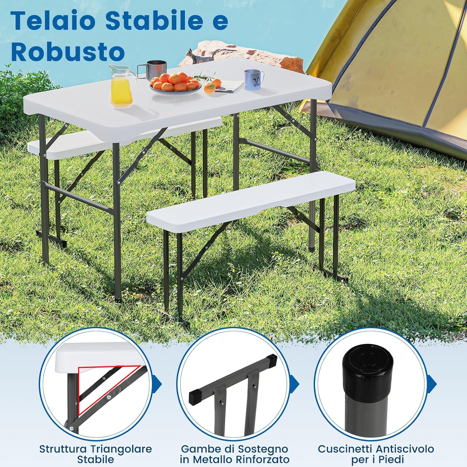 Tavolo e Sedie da Giardino, Set Tavolo da Picnic Pieghevole con 2 Panchine, Piano in HDPE, Struttura in Metallo, Tavolo da Picnic per 4 Persone, 108 x 60 x 70 cm