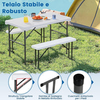 Tavolo e Sedie da Giardino, Set Tavolo da Picnic Pieghevole con 2 Panchine, Piano in HDPE, Struttura in Metallo, Tavolo da Picnic per 4 Persone, 108 x 60 x 70 cm