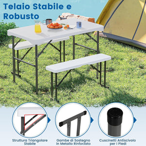 Tavolo e Sedie da Giardino, Set Tavolo da Picnic Pieghevole con 2 Panchine, Piano in HDPE, Struttura in Metallo, Tavolo da Picnic per 4 Persone, 108 x 60 x 70 cm