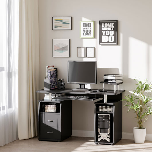 Easycomfort Scrivania per Computer Moderna Porta PC, Scrivania da Ufficio in Legno con Cassetti, Mensola Estraibile e Porta Tastiera, 120x55x85cm, Nero