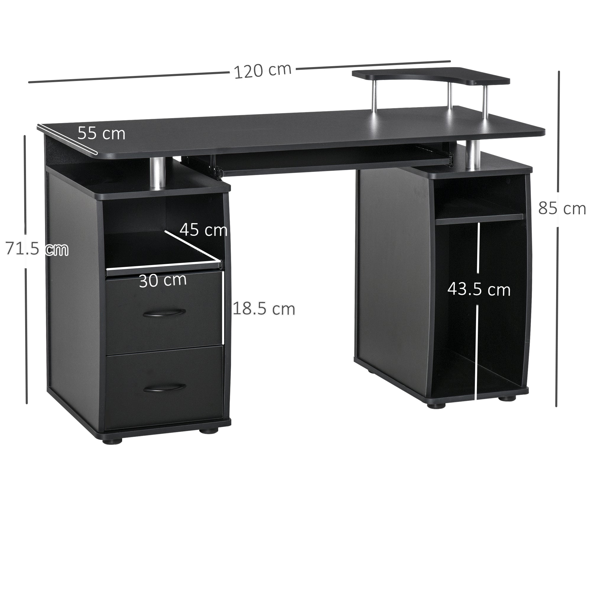 Easycomfort Scrivania per Computer Moderna Porta PC, Scrivania da Ufficio in Legno con Cassetti, Mensola Estraibile e Porta Tastiera, 120x55x85cm, Nero