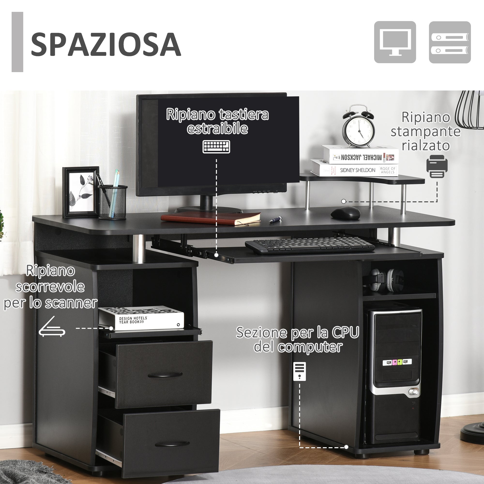 Easycomfort Scrivania per Computer Moderna Porta PC, Scrivania da Ufficio in Legno con Cassetti, Mensola Estraibile e Porta Tastiera, 120x55x85cm, Nero