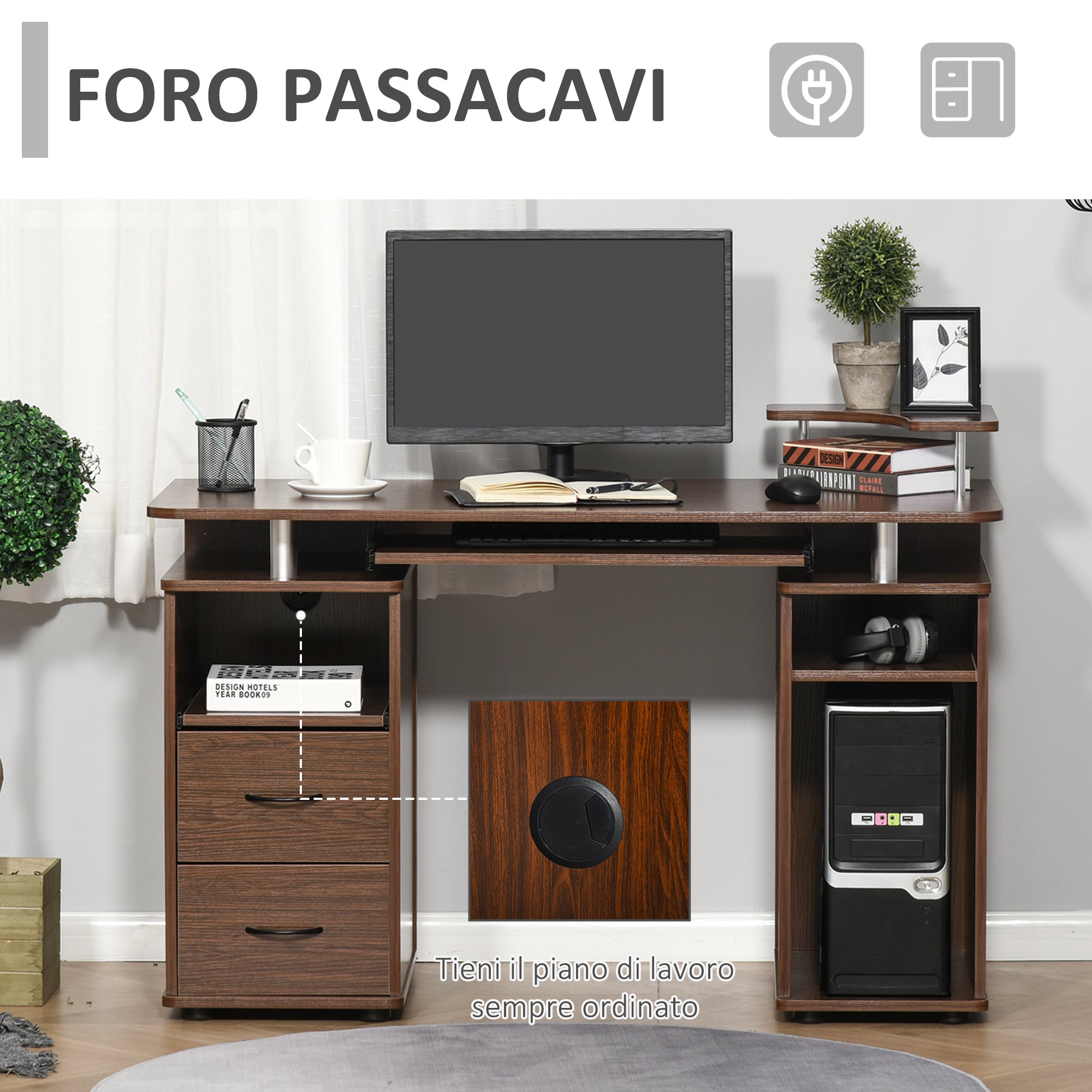Easycomfort Scrivania per Computer Moderna Porta PC in Legno con Cassetti, Scrivania Salvaspazio Con Libreria, Mensola Estraibile e Porta Tastiera, 120x55x85cm, Marrone