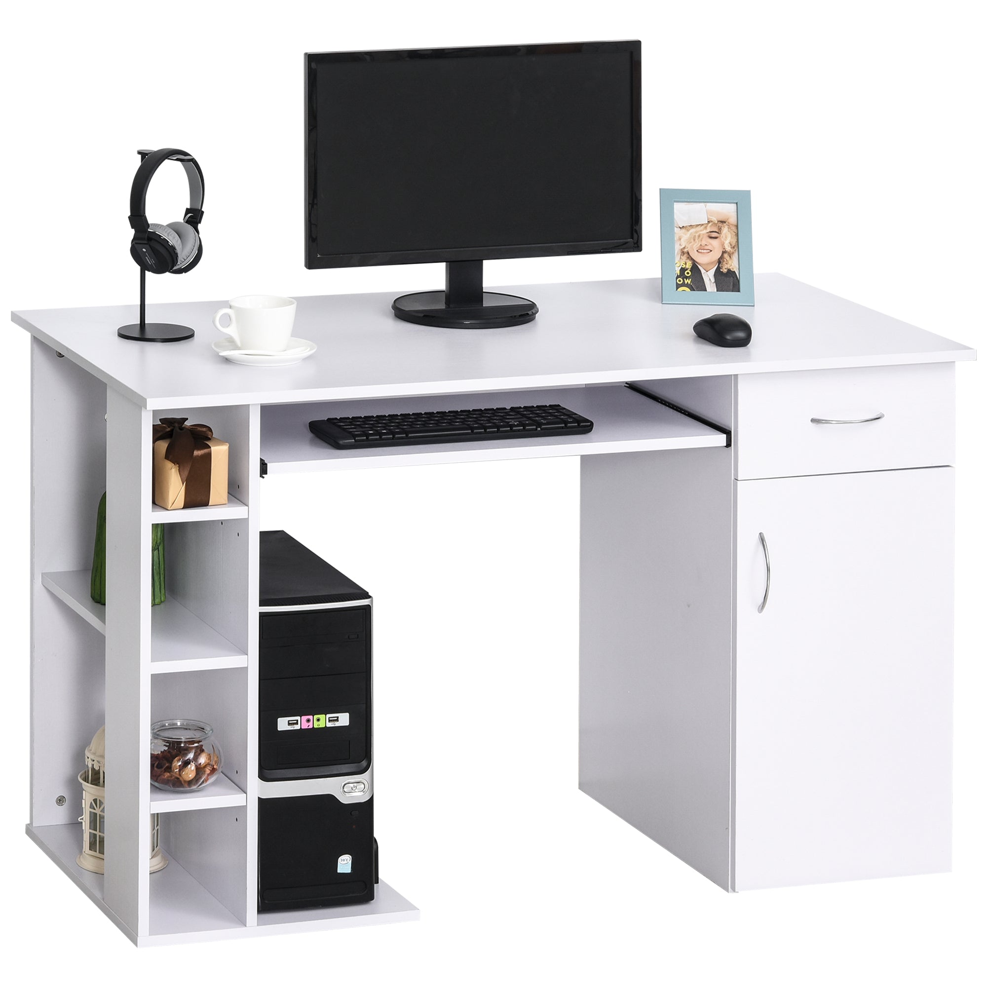 Easycomfort Scrivania per PC Ergonomica con Mensole, Armadietto, Cassetto e Piano Tastiera Estraibile, Bianca, 120x60x74cm