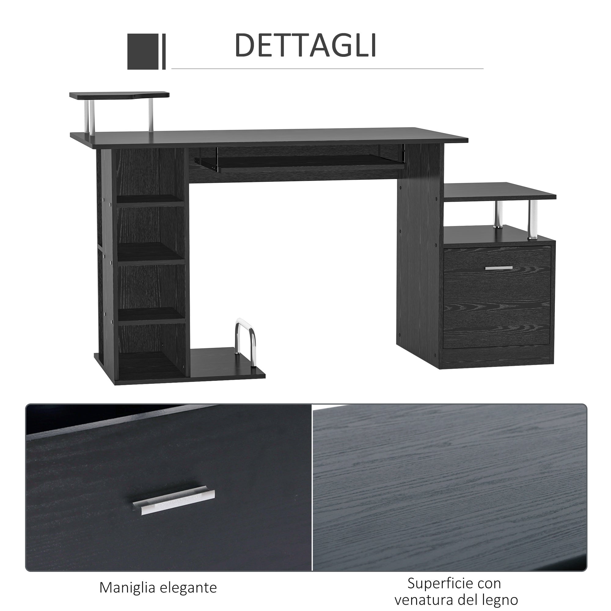 Easycomfort Scrivania per Computer Moderna con Cassetti, Ripiani e Tastiera Estraibile, Scrivania da Ufficio per Casa in Legno Nero 152x60x88cm