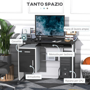 EasyComfort Scrivania per Computer con Ripiano, Cassetto e Armadietto, in MDF e Ferro, 100x52x75 cm, Bianca e Nera