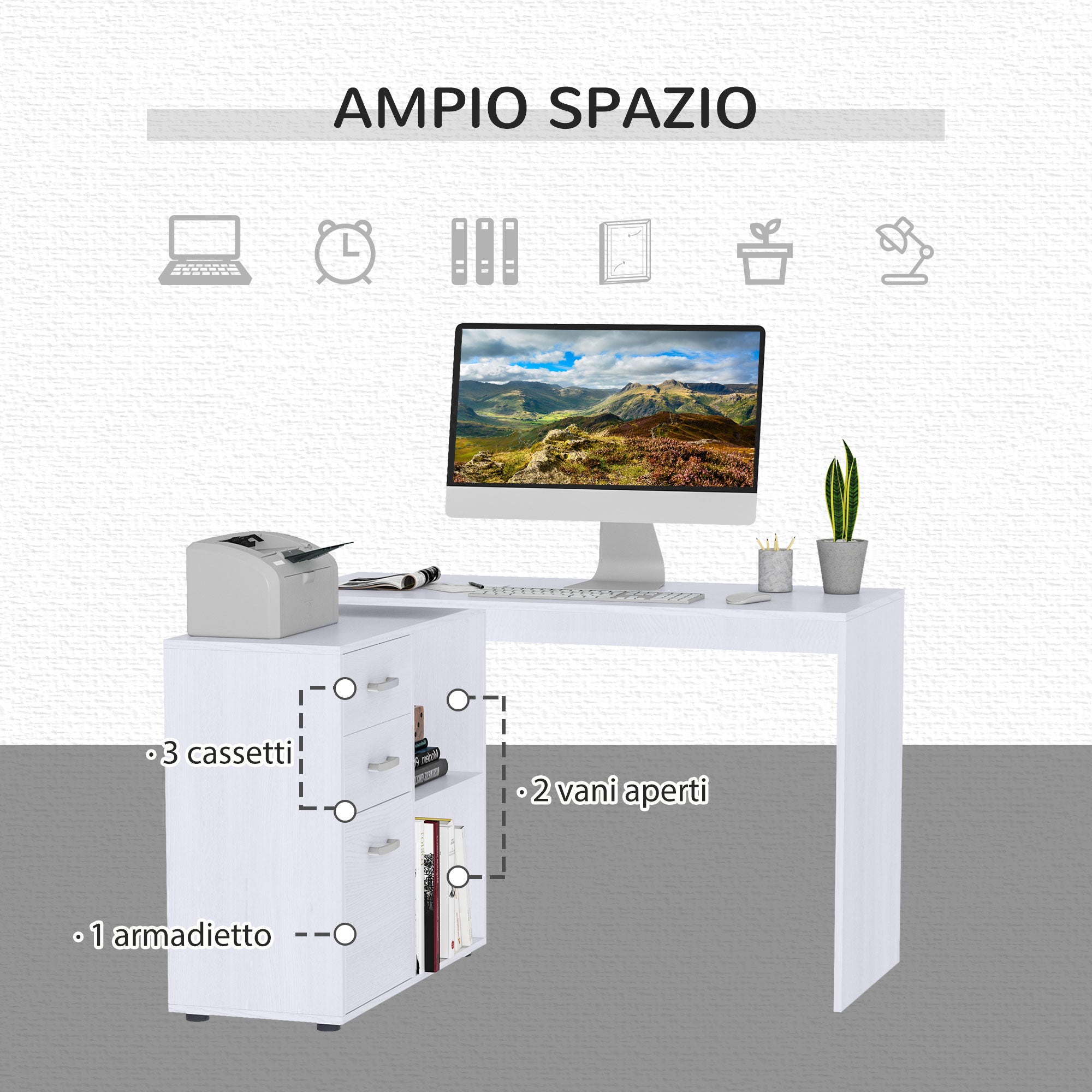 Easycomfort Scrivania Angolare per Computer da Ufficio con Cassettiera 117×83.5×76cm Bianco