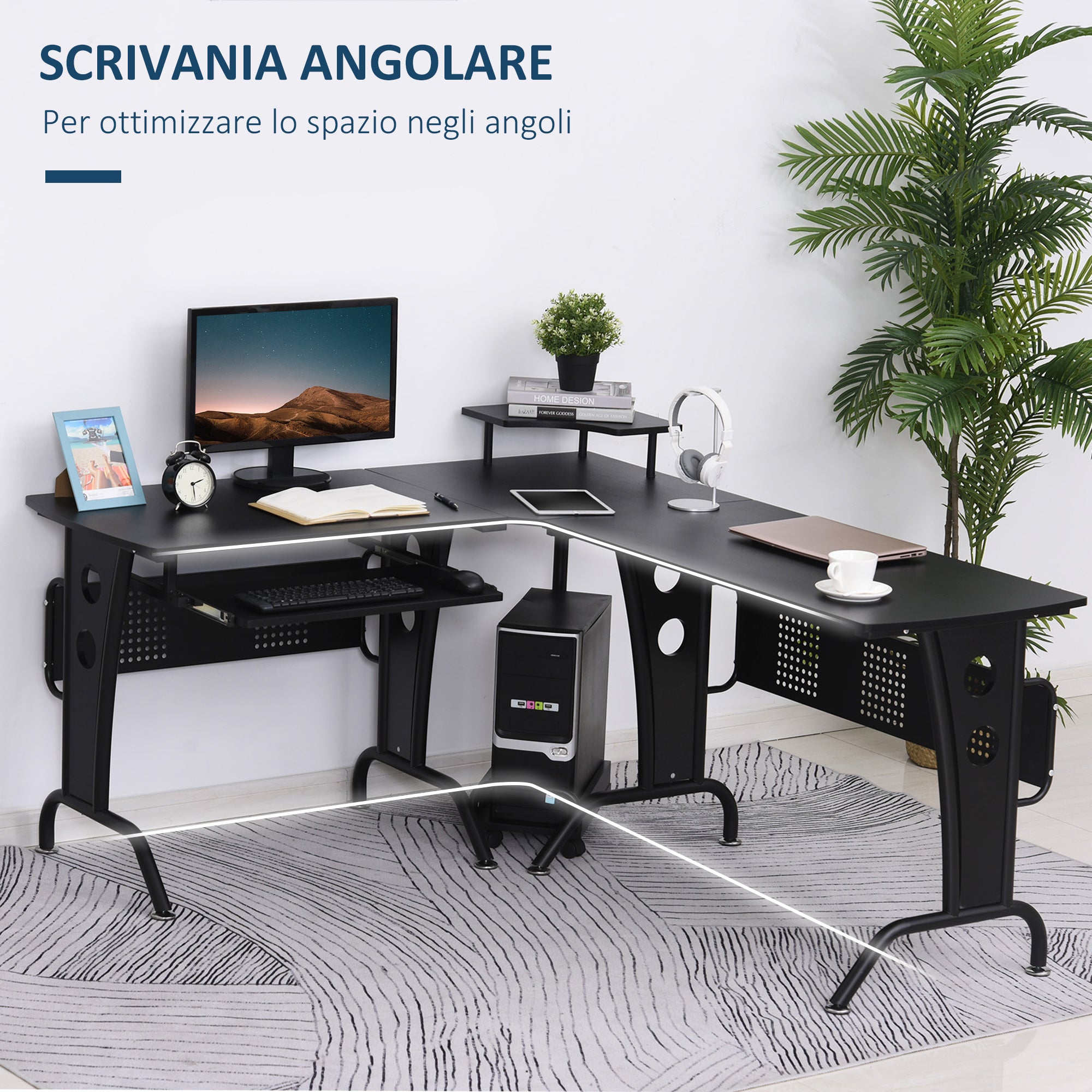 Easycomfort Scrivania Gaming per Casa o Ufficio, Angolare e Salvaspazio con Ripiano Tastiera Estraibile, 165x145x86.5cm, Nera