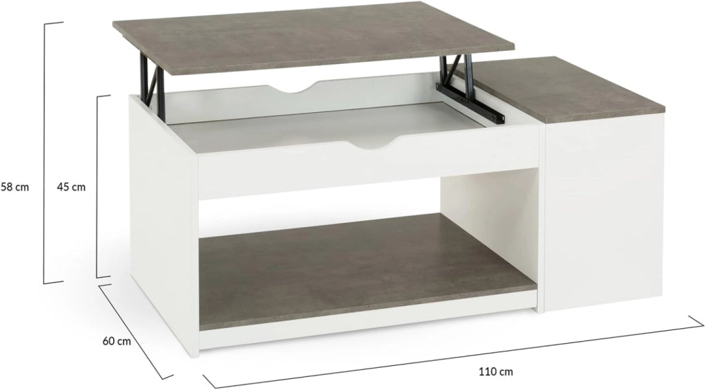 Tavolino ELEA rettangolare alzabile con cassa in legno bianco ed effetto cemento