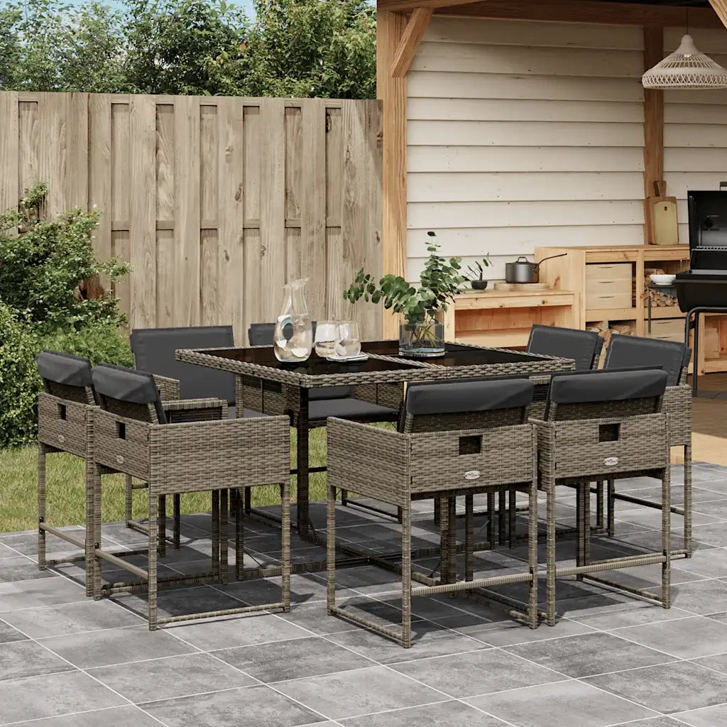 Set da Pranzo da Giardino 9 pz | Set Salotto da Giardino con Cuscini in Polyrattan Grigio