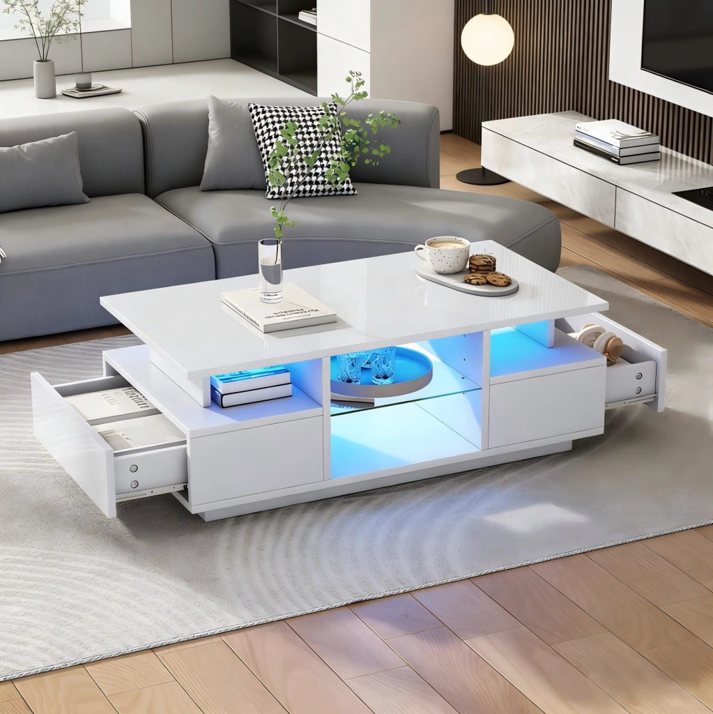 Tavolino da caffè 100 x 50 x 36 cm con LED; 2 cassetti e ripiani in vetro; bianco lucido