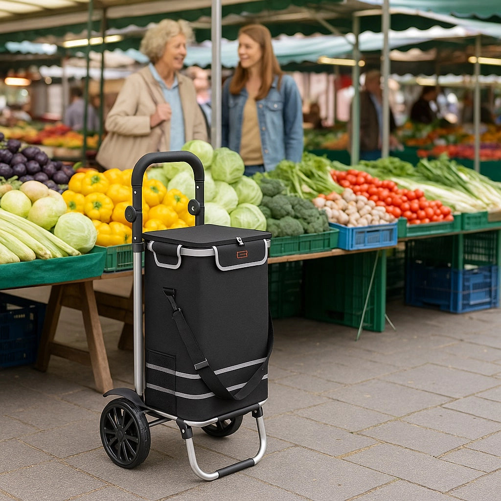 Carrello Spesa Pieghevole 50LT con Borsa Termica Trolley Porta Spesa 2 Ruote Nero