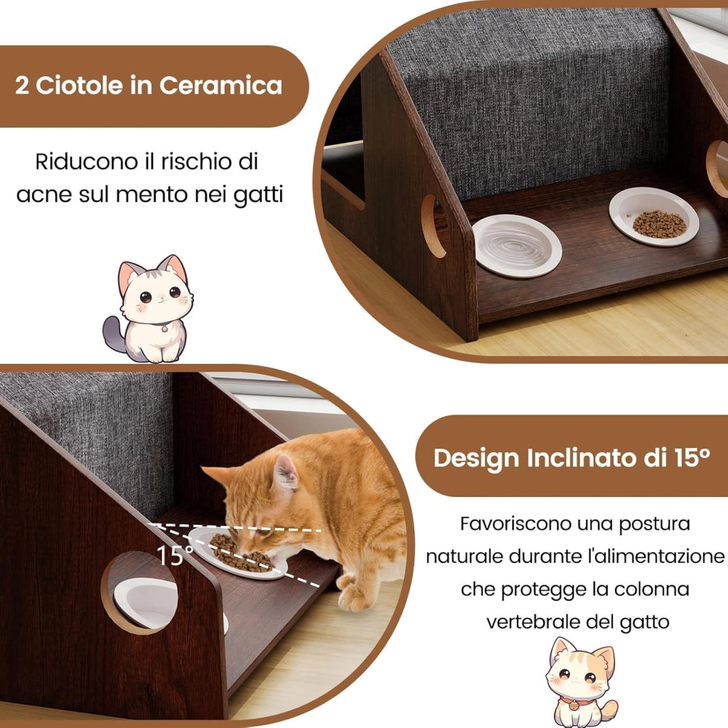 Casetta in Legno per Gatti da Interni, Condo per Gatti con Stazione di Alimentazione, Tetto Rimovibile e Struttura in Metallo, Cuccia per Gattini in Stile Fattoria, 60 x 40 x 40 cm
