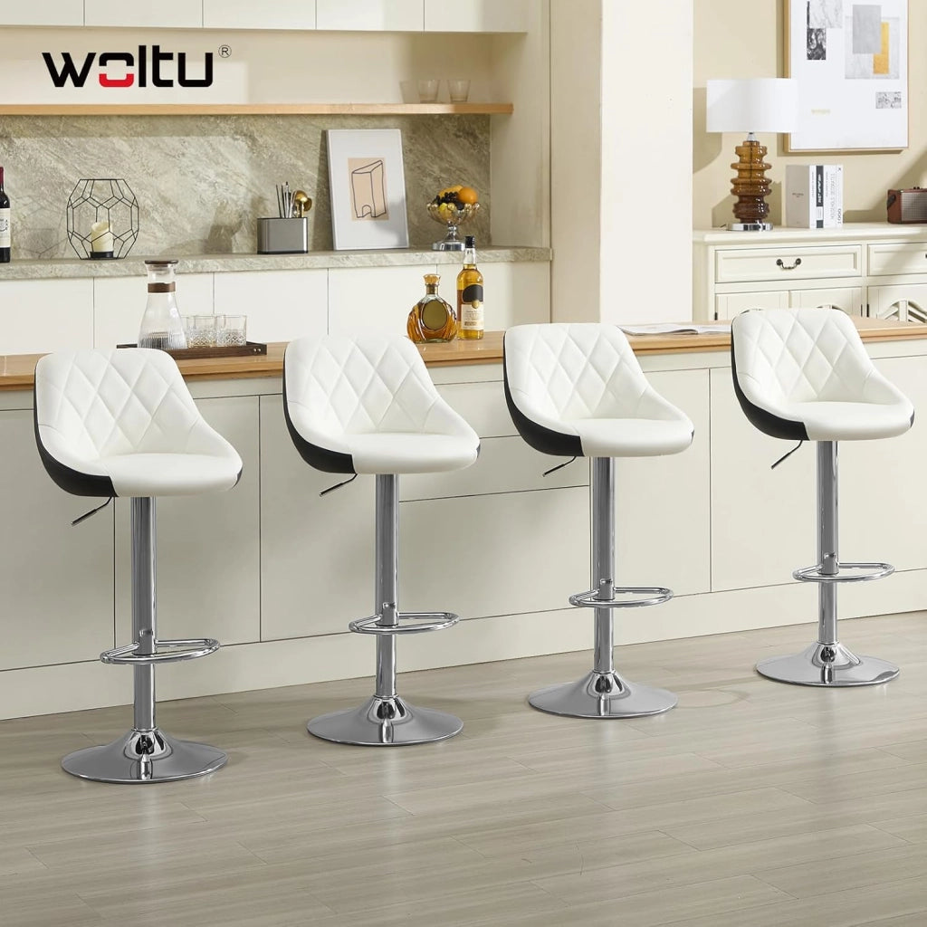 Sgabelli cucina, Sgabelli da Bar Set di 4, Sedia da Bar Girevole Regolabile in Altezza, con Schienale Poggiapiedi, Sgabello in PU da Cucina, Bianco, BH30ws-4