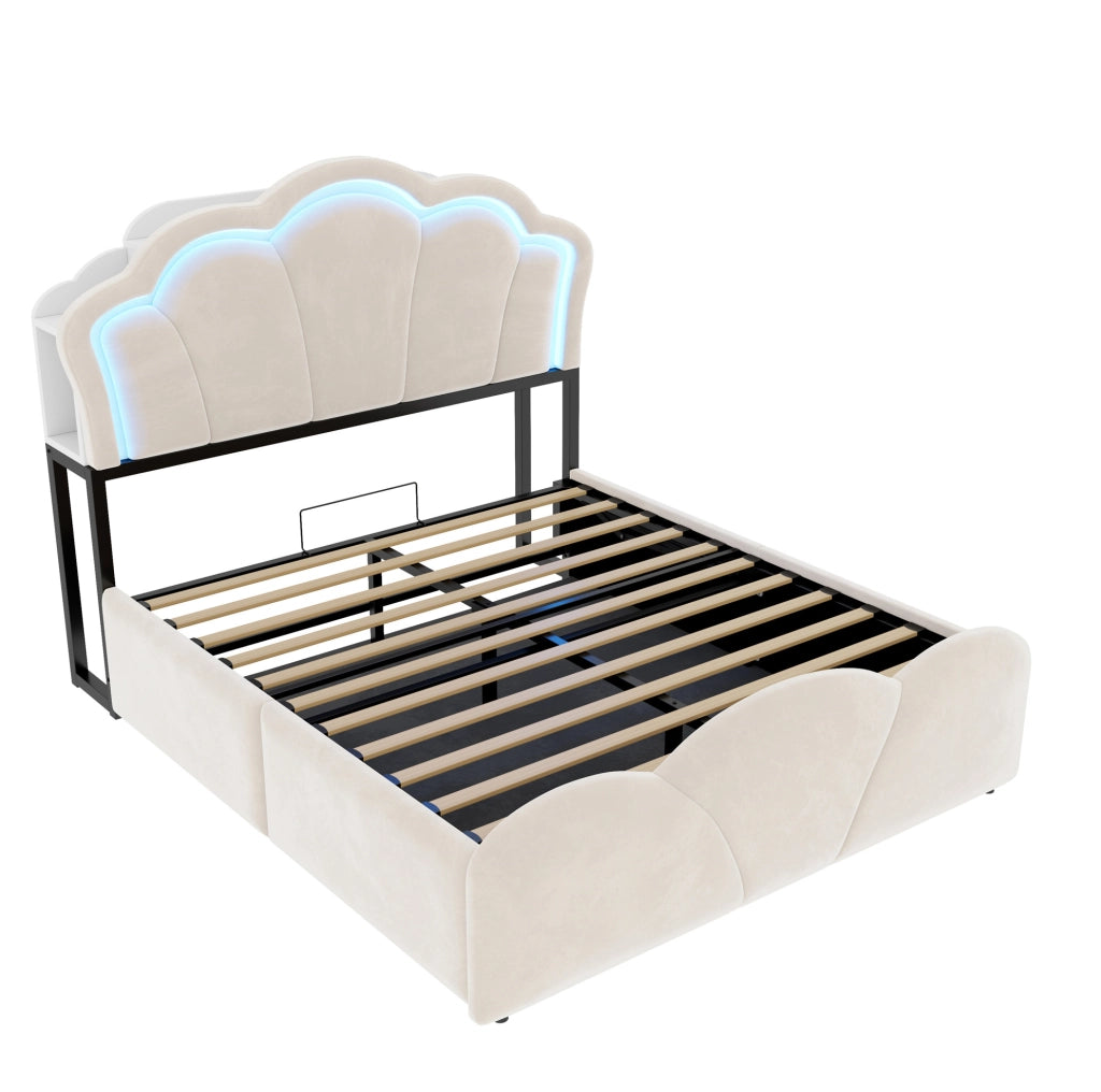 Letto imbottito 140x200 cm con contenitore idraulico; LED e vani nella testiera in velluto beige