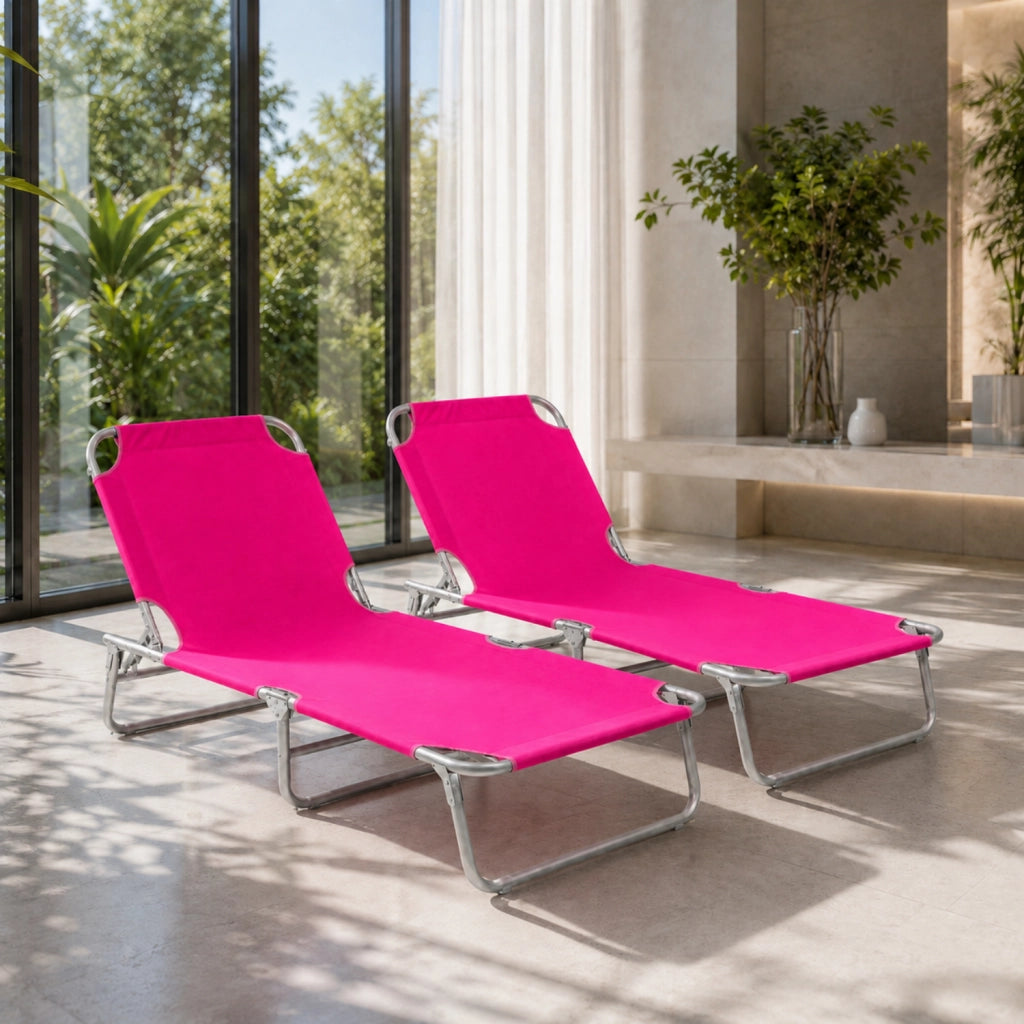 Coppia Di Sedie Sdraio Pieghevoli Prendisole Schienale Regolabile Reclinabile Struttura In Metallo Per Spiaggia Giardino Mare Piscina Senza Tettuccio 187 x 53 x 24 Cm Rosa