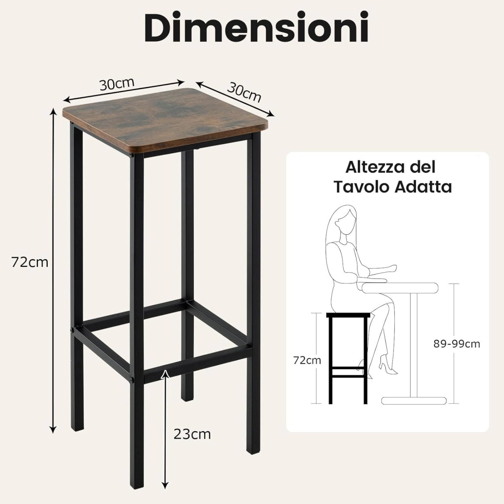 Set di 4 Sgabelli da Bar, Sgabelli Senza Schienale da 72 CM con Gambe in Metallo e Poggiapiedi, Sgabelli da Colazione per Cucina, Sgabelli di Altezza Industriale per Casa, Caffè e Bar