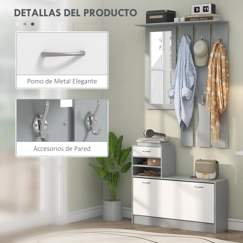Appendiabiti con specchio e scarpiera ¨C zephmum ¨C 2 pezzi, grigio, con ganci e cassetto