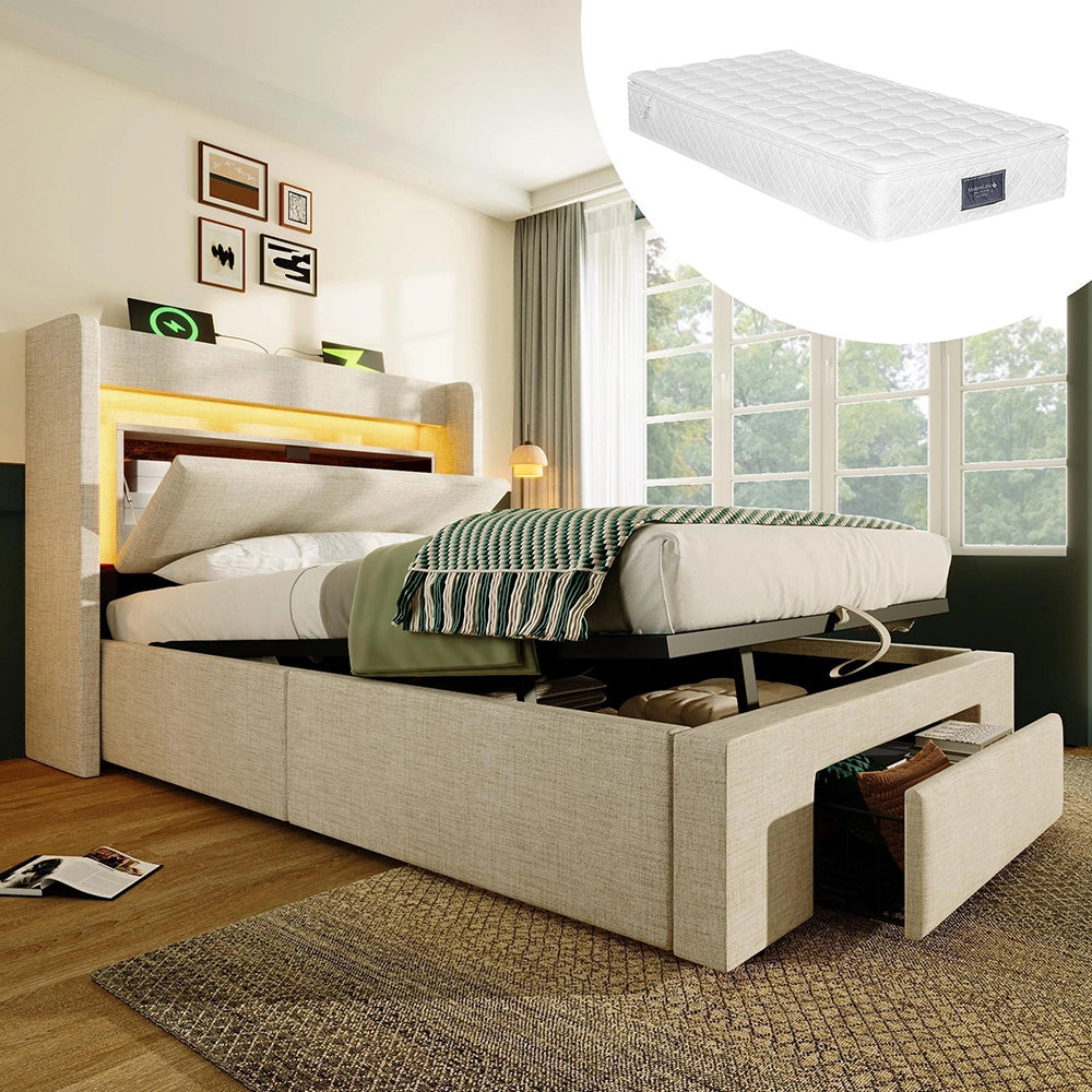 Letto imbottito 90x200 cm - Xylo - Beige, lino, testiera con illuminazione LED, porte USB/USB-C, spazio idraulico