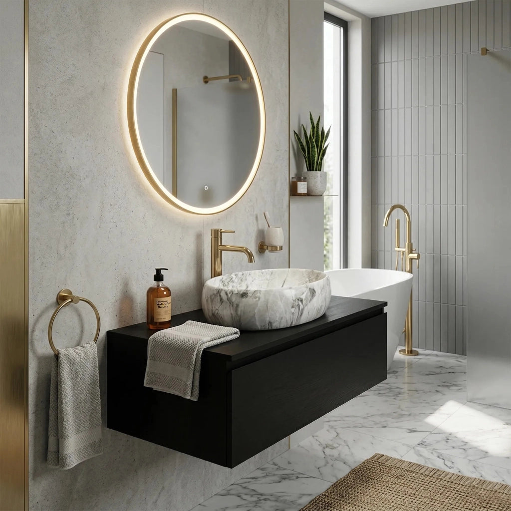 Set Lavabo Da Appoggio Linda Stone + Rubinetto Da Bagno Lungo Gold + Tappo Gold