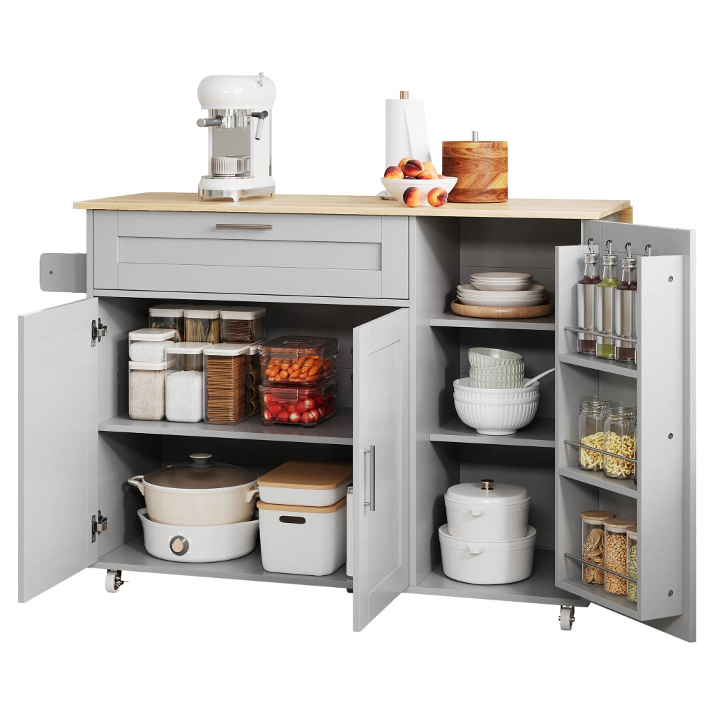 Isola da Cucina Mobile 132,5x44/70x90 cm Grigia con Piano Effetto Rovere, Cassetto e 5 Ruote