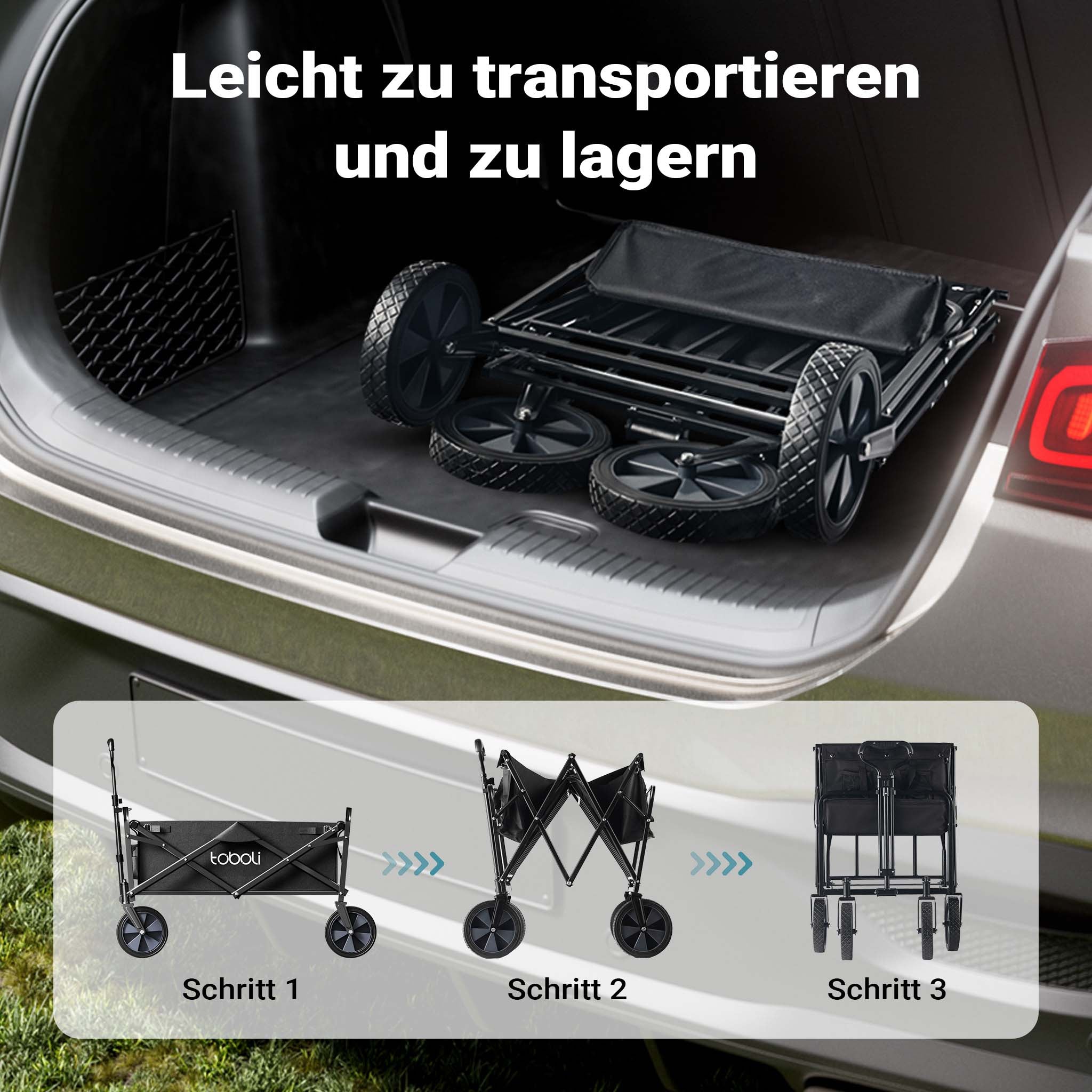 Toboli Carretto a mano pieghevole, max 100 kg, tessuto impermeabile nero e manico telescopico, Carrello spiaggia