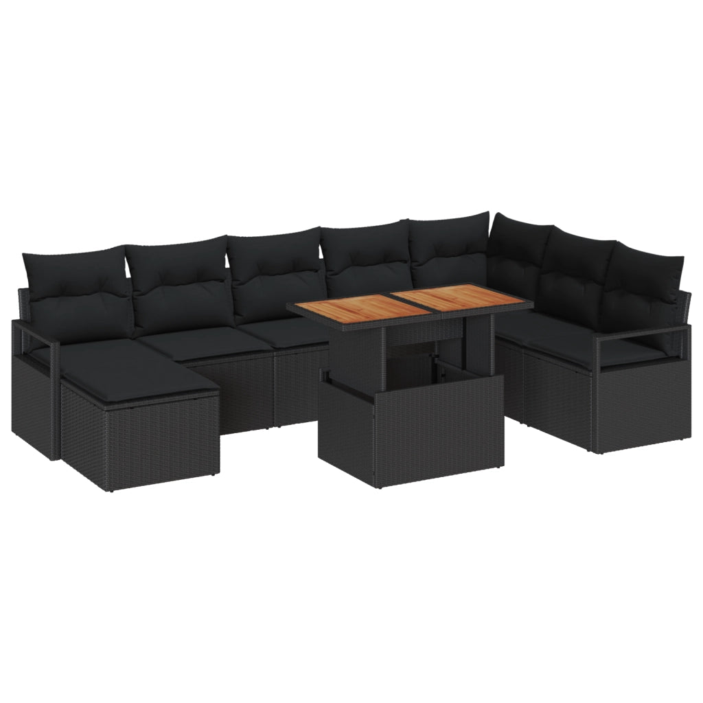 Set divani giardino 9 pezzi con cuscini Polyrattan nero Acacia