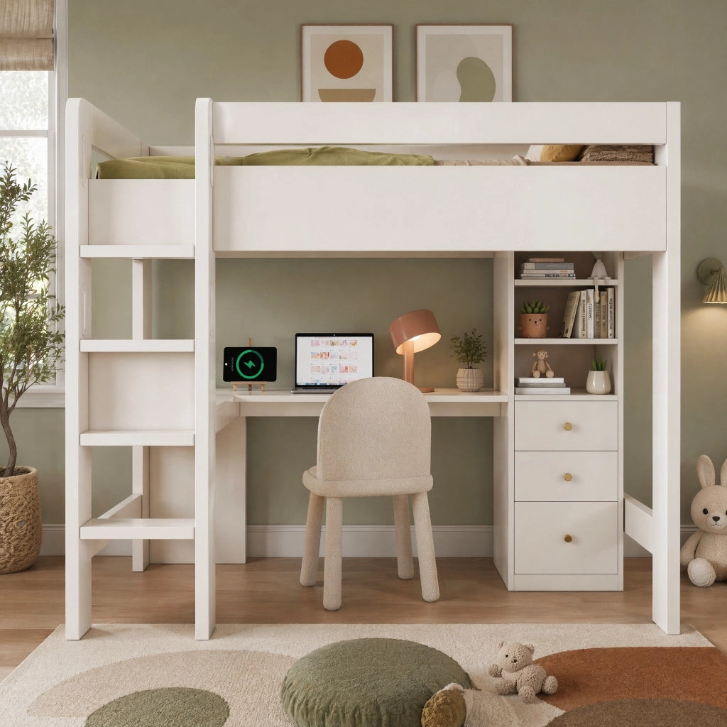 Letto a soppalco singolo 90x200 cm bianco con scrivania a L; mensole; cassetti e USB/Type-C