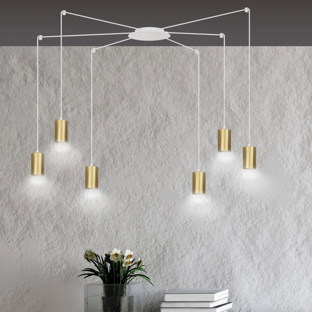 Lampada a sospensione TRAKER con diffusori oro e struttura bianca