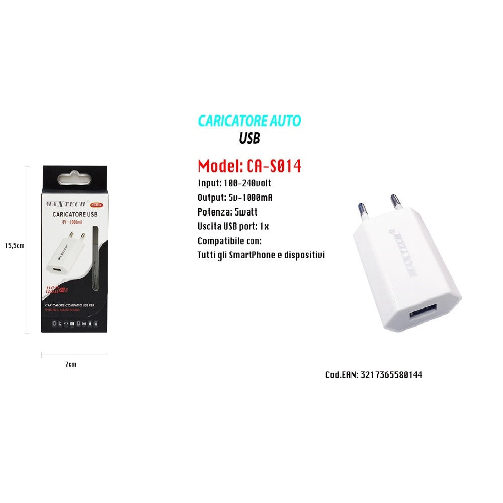 Trade Shop - Caricabatteria Caricatore Usb Da Auto Ricarica Smartphone Dispositivi 5v-1000ma Maxtech Ca-s014 -