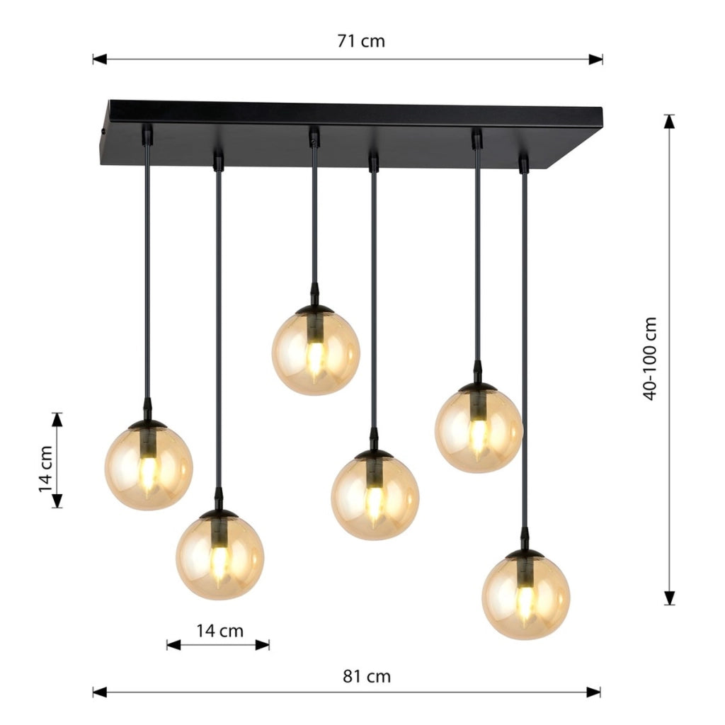 Lampada a sospensione Cosmo in acciaio nero con diffusori in vetro ambrato