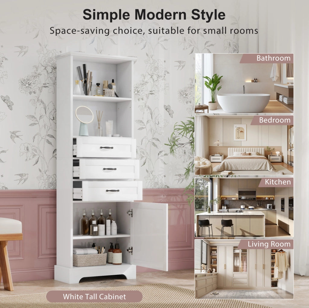 Armadio bagno bianco 56x25,6x167 cm con 3 cassetti, ripiani regolabili e design moderno