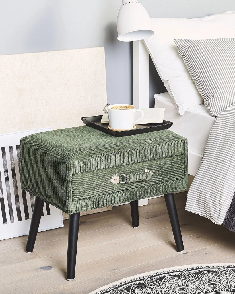 Tavolino con contenitore gambe nere in velluto a coste verde scuro 46 x 50 x 35 cm Valigia