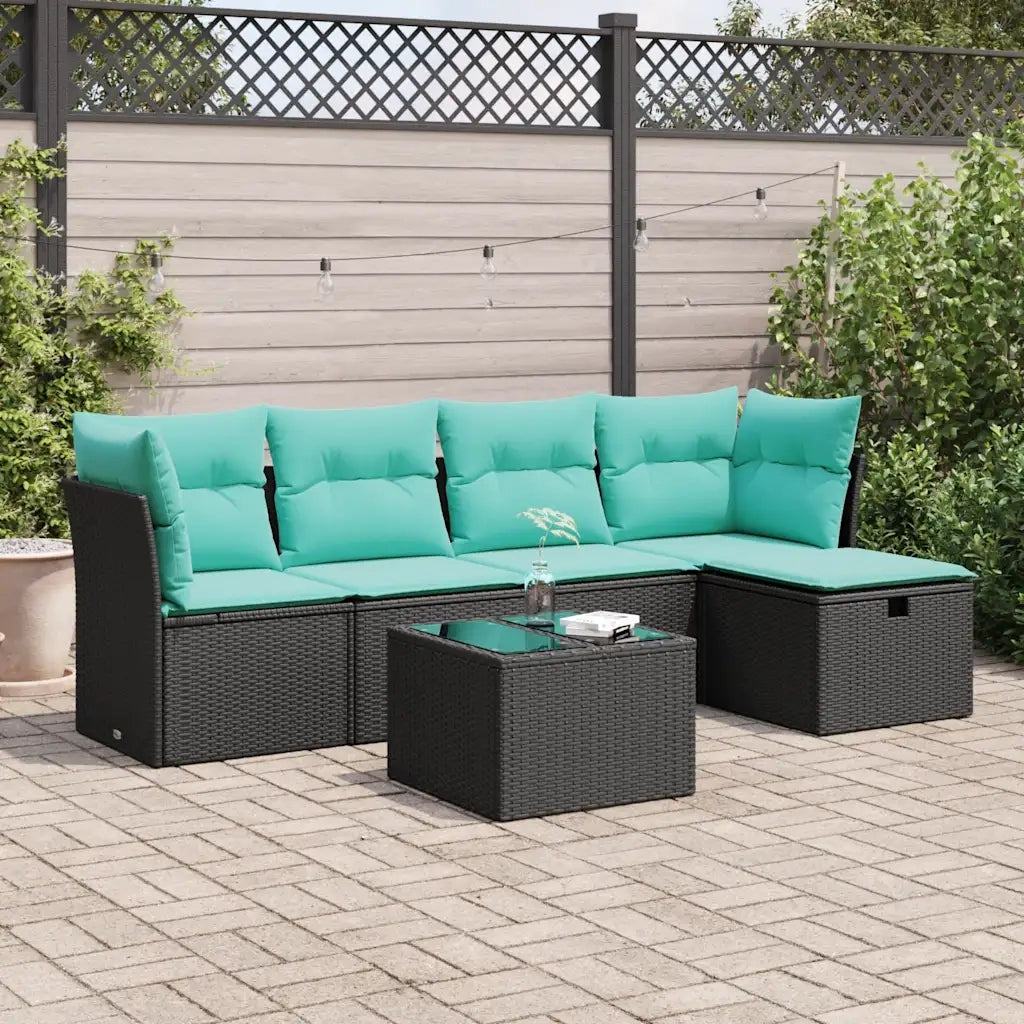 Set Divano da Giardino 6 pz con Cuscini Nero in Polyrattan