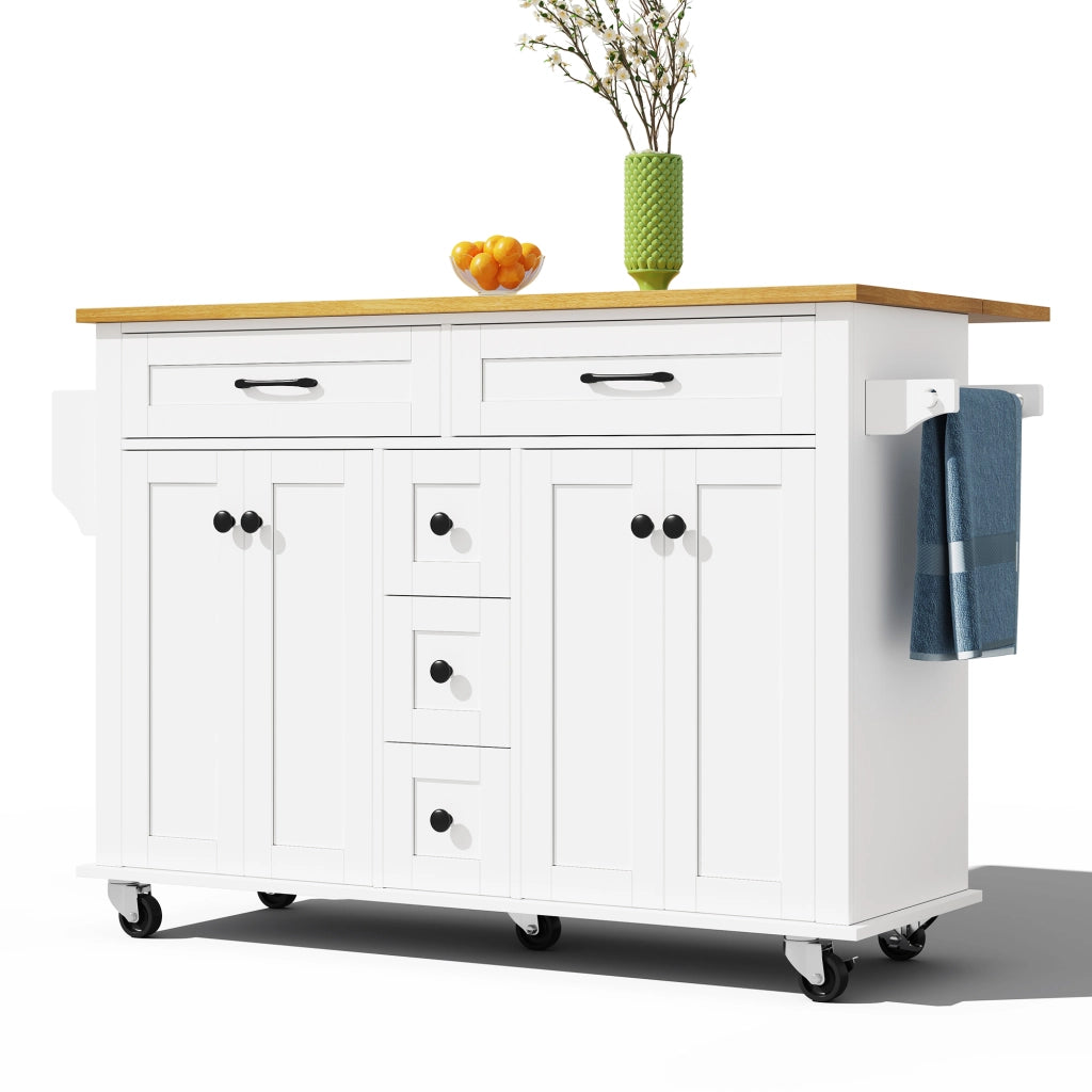 Carrello cucina multifunzionale con piano allungabile, 5 cassetti, armadietti, porta spezie e porta asciugamani