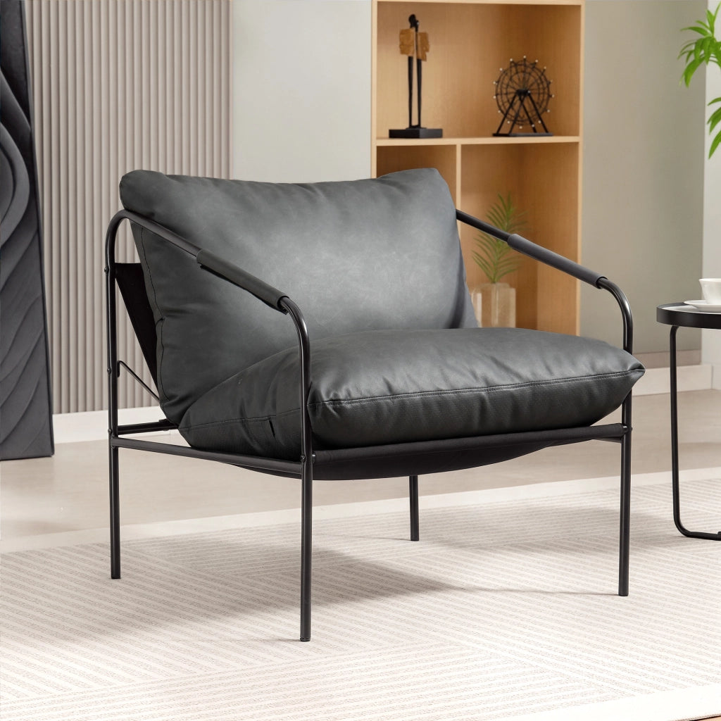 Poltrona da Salotto in Pelle PU e Telaio in Metallo con Cuscini Spessi, 74.5x75x77 cm, Grigio Carbone