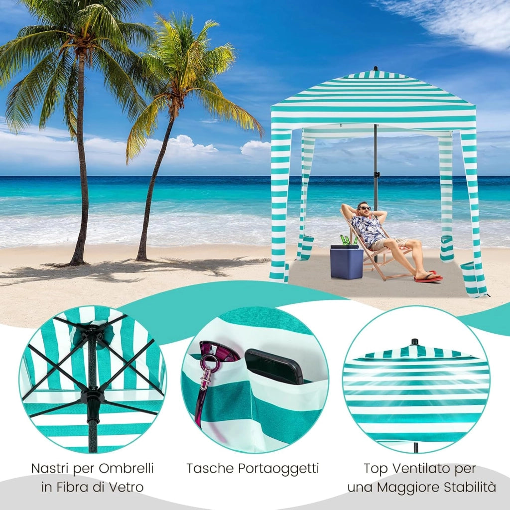 Tenda da Spiaggia Pieghevole 183 x 183 cm, Tenda da Mare con Borsa di Trasporto, Parete Removibile e 8 Tasche per Sabbia, per Spiaggia, Campeggio e Picnic (Verde e Bianco, 183 x 183 cm)