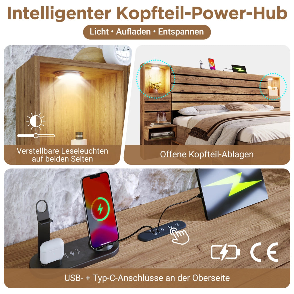 Letto matrimoniale 180 ¡Á 200 cm con LED USB e tipo C comodini sospesi cassetti MDF e metallo effetto rovere