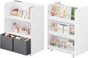 Libreria per Bambini con Ruote 2 in 1, Porta Libri e Giocattoli, Libreria a 3 Ripiani e Portagiochi con Scatole e Scomparti Aperti per Camerette, Asili, in Legno, Bianco, 62,5x40x82,5cm