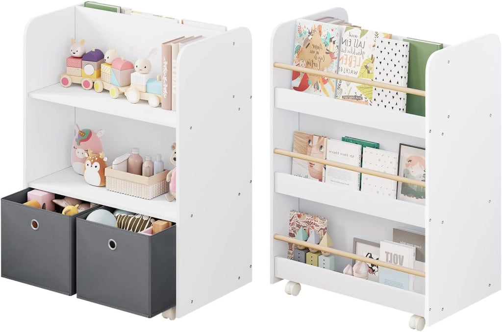 Libreria per Bambini con Ruote 2 in 1, Porta Libri e Giocattoli, Libreria a 3 Ripiani e Portagiochi con Scatole e Scomparti Aperti per Camerette, Asili, in Legno, Bianco, 62,5x40x82,5cm