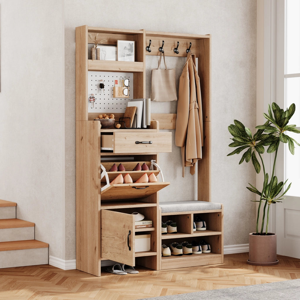 Mobile guardaroba multifunzione da ingresso con panca, 4 ganci, cassetto e 2 ante, Natural/White, 108,5 x 35 x 180 cm