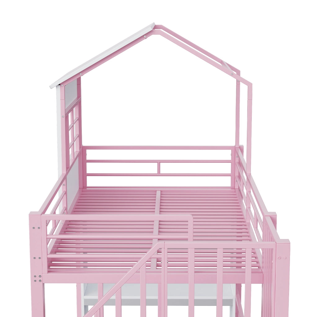 Letto a soppalco 90x200 cm rosa con scala contenitore e scaffale, struttura in metallo e MDF